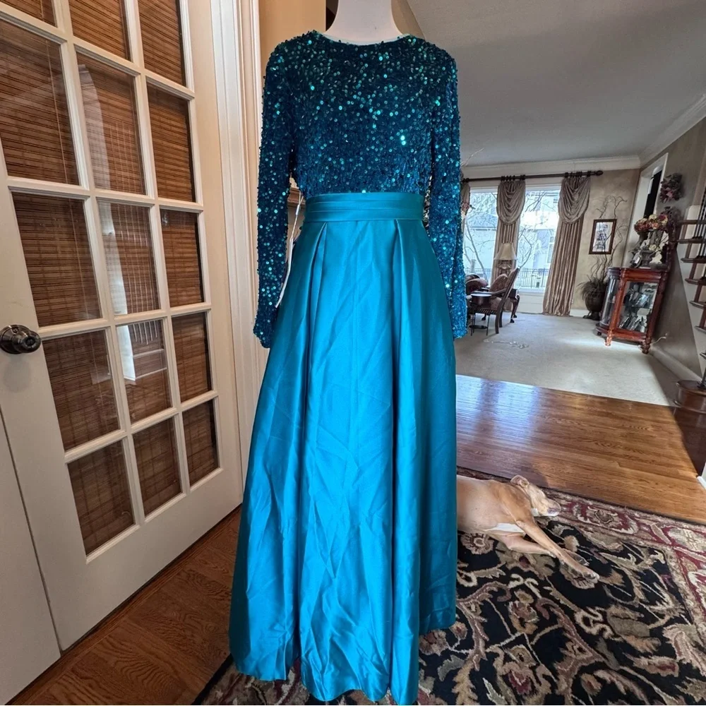 Girls Junior Formal Dress long-sleeve satin gown sequin bodice sash bow size 16